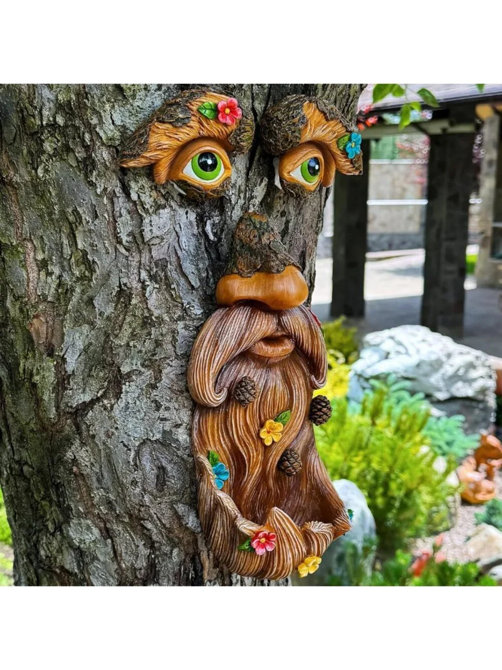 Whimsical Tree Face Decor with Flowers - Outdoor Garden Hugger Statue Art